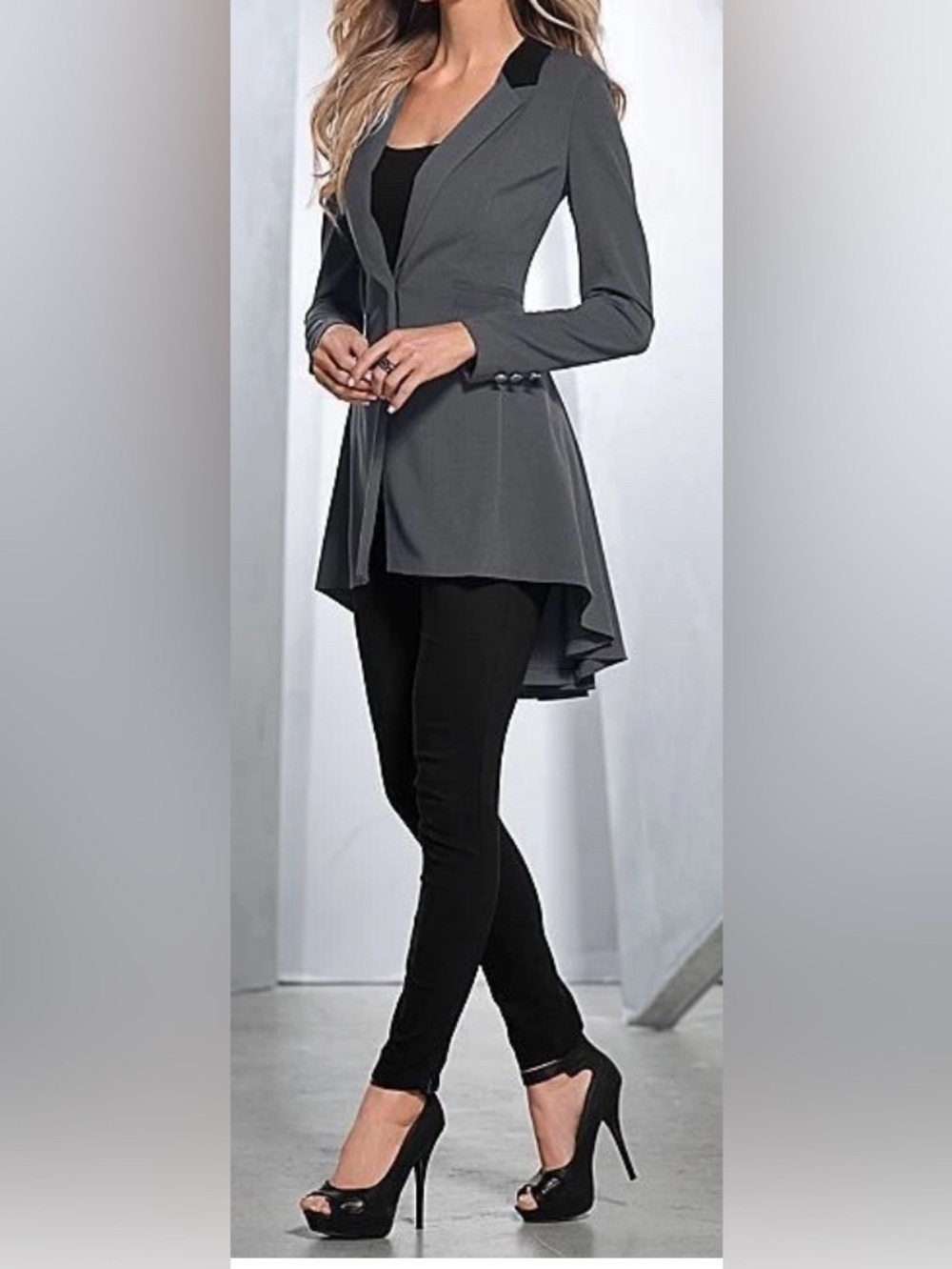 Venus - NEW - Long Ruffle Back Blazer tuxedo-inspired tailored jacket